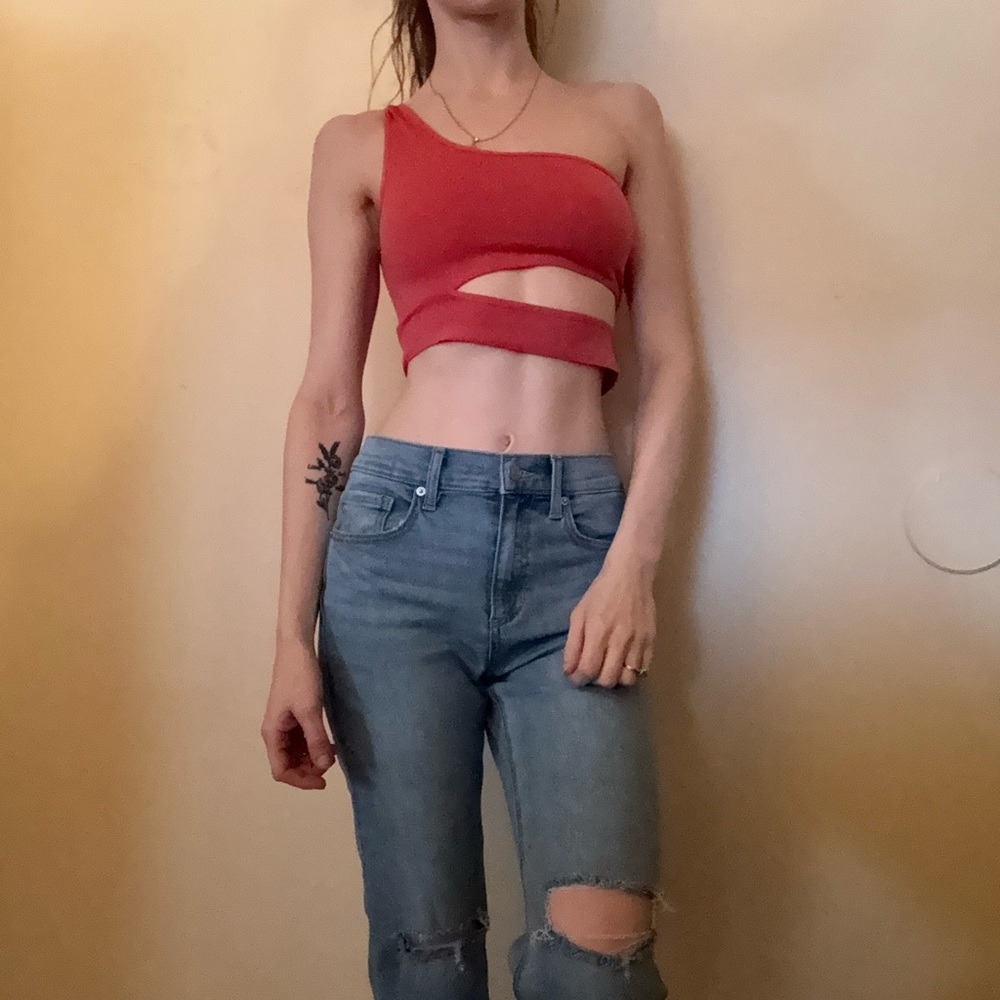 Papaya One-Shoulder Cutout Crop Top in Coral Pink